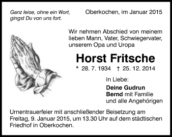 Traueranzeige von Horst Fritsche von Schwäbische Post