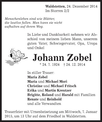 Traueranzeige von Johann Zobel von Gmünder Tagespost