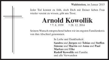 Traueranzeige von Arnold Kowollik von Gmünder Tagespost