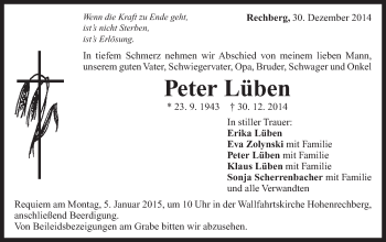 Traueranzeige von Peter Lüben von Gmünder Tagespost