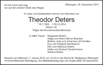 Traueranzeige von Theodor Deters von Schwäbische Post