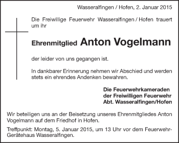 Traueranzeige von Anton Vogelmann von Schwäbische Post