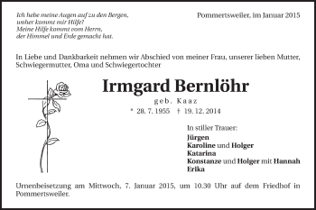 Traueranzeige von Irmgard Bernlöhr von Schwäbische Post