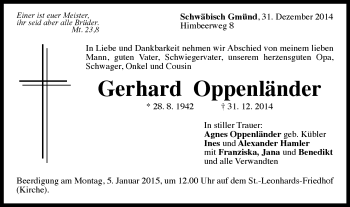 Traueranzeige von Gerhard Oppenländer von Gmünder Tagespost