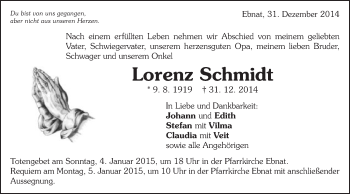 Traueranzeige von Lorenz Schmidt von Schwäbische Post