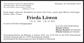 Traueranzeige von Frieda Löwen von Gmünder Tagespost