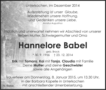 Traueranzeige von Hannelore Babel von Schwäbische Post