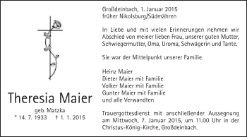 Traueranzeige von Theresia Maier von Gmünder Tagespost