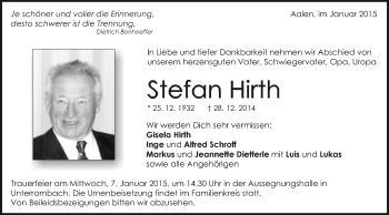 Traueranzeige von Stefan Hirth von Schwäbische Post
