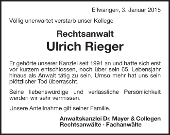 Traueranzeige von Ulrich Rieger von Schwäbische Post