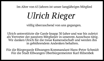 Traueranzeige von Ulrich Rieger von Schwäbische Post