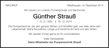 Traueranzeige von Günther Strauß von Schwäbische Post