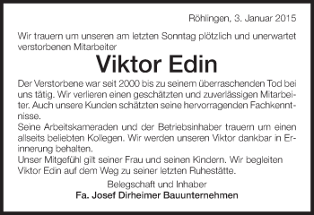 Traueranzeige von Viktor Edin von Schwäbische Post