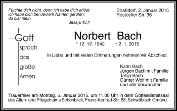 Traueranzeige von Norbert Bach von Gmünder Tagespost
