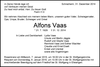 Traueranzeige von Alfons Vaas von Schwäbische Post