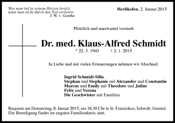 Traueranzeige von Klaus-Alfred Schmidt von Gmünder Tagespost