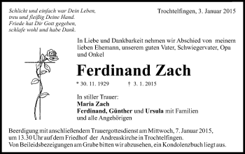 Traueranzeige von Ferdinand Zach von Schwäbische Post