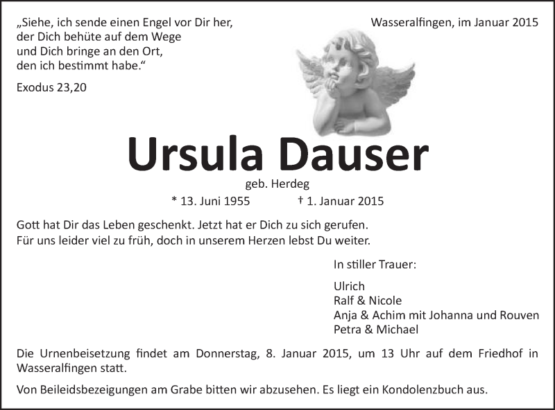  Traueranzeige für Ursula Dauser vom 05.01.2015 aus Schwäbische Post