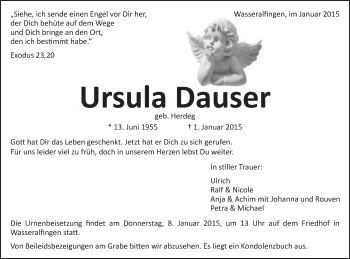 Traueranzeige von Ursula Dauser von Schwäbische Post