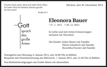 Traueranzeige von Eleonora Bauer von Schwäbische Post