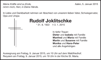 Traueranzeige von Rudolf Joklitschke von Schwäbische Post