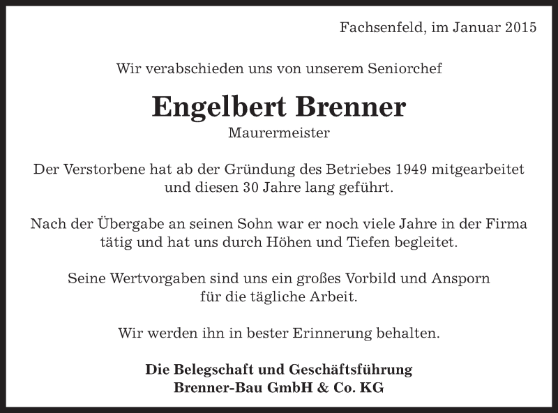  Traueranzeige für Engelbert Brenner vom 05.01.2015 aus Schwäbische Post