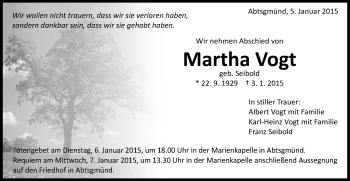 Traueranzeige von Martha Vogt von Schwäbische Post