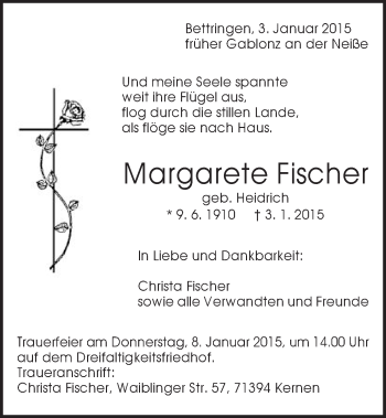 Traueranzeige von Margarete Fischer von Gmünder Tagespost