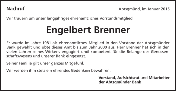 Traueranzeige von Engelbert Brenner von Schwäbische Post