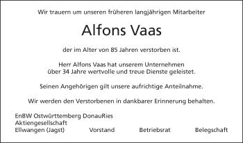 Traueranzeige von Alfons Vaas von Schwäbische Post