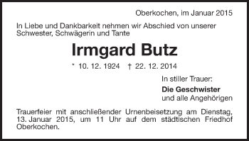 Traueranzeige von Irmgard Butz von Schwäbische Post