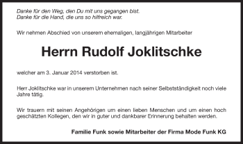 Traueranzeige von Rudolf Joklitschke von Schwäbische Post