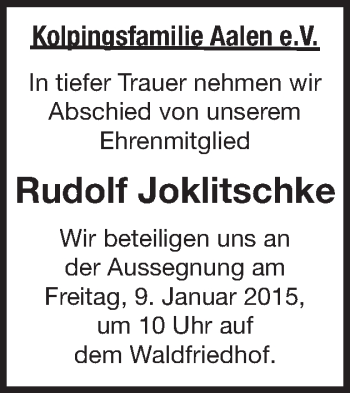 Traueranzeige von Rudolf Joklitschke von Schwäbische Post