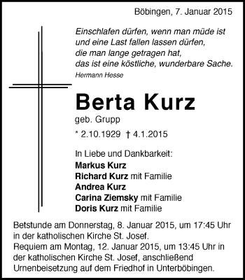 Traueranzeige von Berta Kurz von Gmünder Tagespost