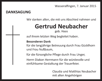 Traueranzeige von Gertrud Neubacher von Schwäbische Post