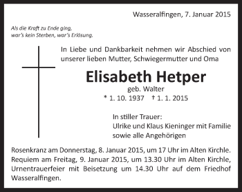 Traueranzeige von Elisabeth Hetper von Schwäbische Post
