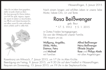 Traueranzeige von Rosa Beißwenger von Schwäbische Post