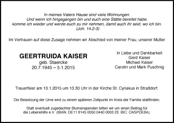 Traueranzeige von Geertruida Kaiser von Gmünder Tagespost
