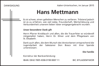 Traueranzeige von Hans Mettmann von Schwäbische Post