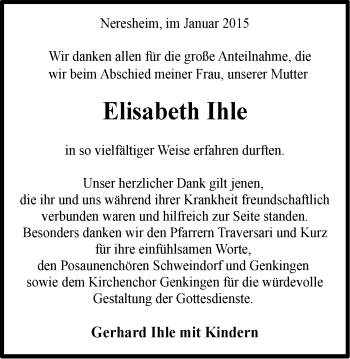 Traueranzeige von Elisabeth Ihle von Schwäbische Post