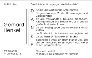 Traueranzeige von Gerhard Henkel von Gmünder Tagespost