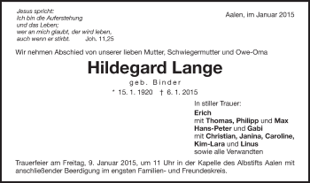 Traueranzeige von Hildegard Lange von Schwäbische Post