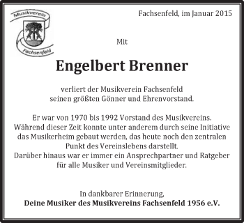 Traueranzeige von Engelbert Brenner von Schwäbische Post