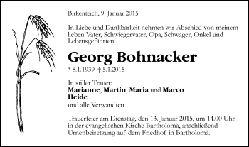 Traueranzeige von Georg Bohnacker von Gmünder Tagespost