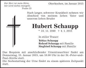 Traueranzeige von Hubert Schaupp von Schwäbische Post