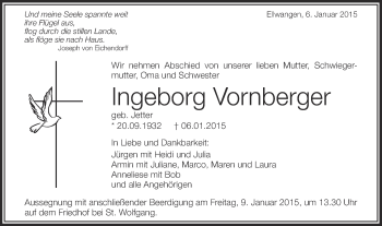 Traueranzeige von Ingeborg Vornberger von Schwäbische Post