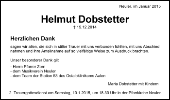 Traueranzeige von Helmut Dobstetter von Schwäbische Post