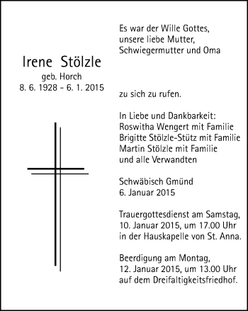 Traueranzeige von Irene Stölzle von Gmünder Tagespost