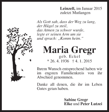 Traueranzeige von Maria Gregr von Gmünder Tagespost