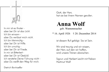 Traueranzeige von Anna Wolf von Schwäbische Post